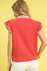 Umgee Contrast Trim Ruffle Cap Sleeve Blouse OutfitFlow